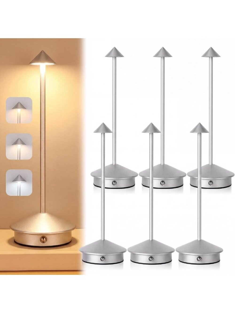 6 Pack Cordless Table Lamps - 3 Color Stepless Dimmable, Modern Silver Design